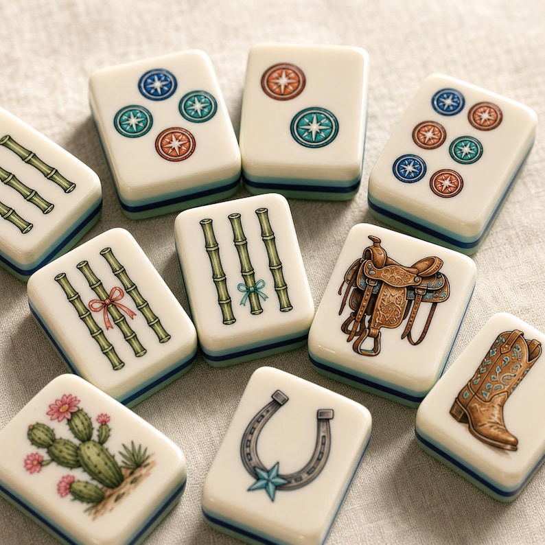 May include: A collection of off-white Mahjong tiles featuring various illustrations including bamboo stalks, compass-like circles, a brown leather saddle, a brown cowboy boot, a horseshoe with a blue star, and a green cactus with pink flowers.