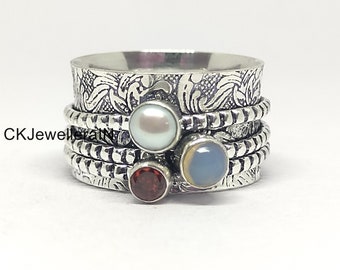 Garnet, Pearl & Opal Gemstone Ring, Spinner Ring, 925 Silver Ring, Meditation Ring, Handmade Rings For Women, Fidget Ring, Boho Ring, CK33