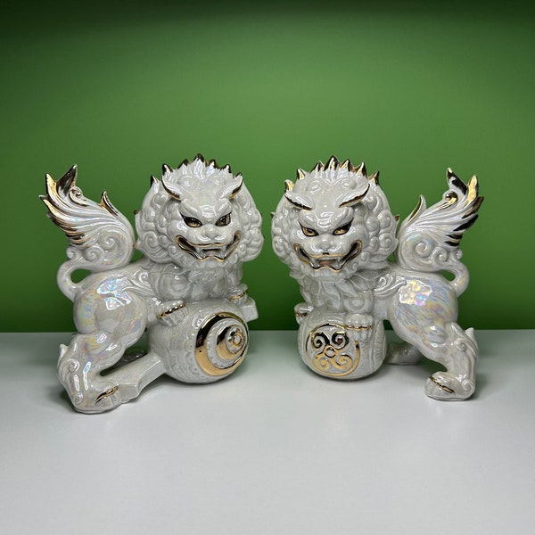 Foo Dogs - Iridescent Yoshimi K Komainu - Opaque Ivory and Gold - Fabulous Shishi Lions!