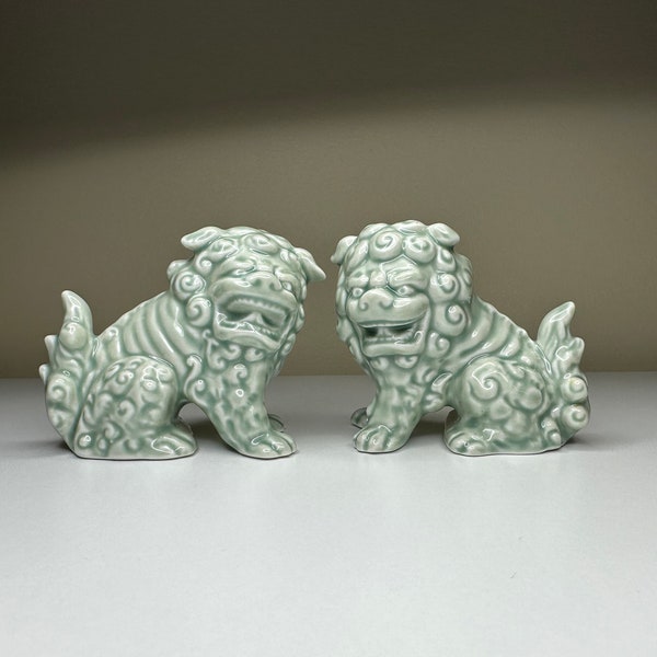 Foo Dogs - Porcelain Shishi Lion Salt N Pepper Shakers - Light Green Water Wash Glaze