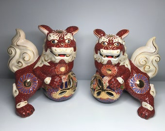Foo Dogs - Gorgeous Red and Gold Shishi Lions ~ Highly Ornate Foo Dogs!