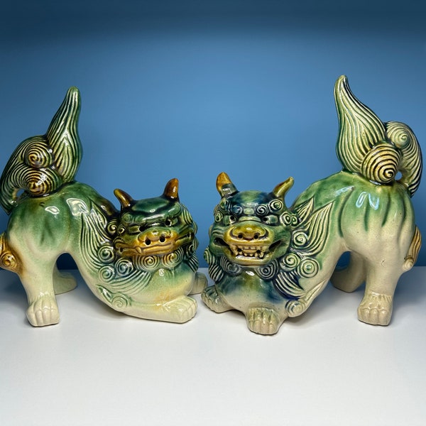 Foo Dogs - Beautiful Green, Blue and Tan Shishi Lions in a Glossy Glaze!