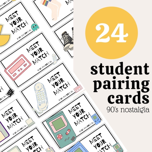 Classroom Partner Cards, Fun Students Grouping Cards, 90s Nostalgia Meet Your Match Partner Picking, Student Pairing Partnering Cards