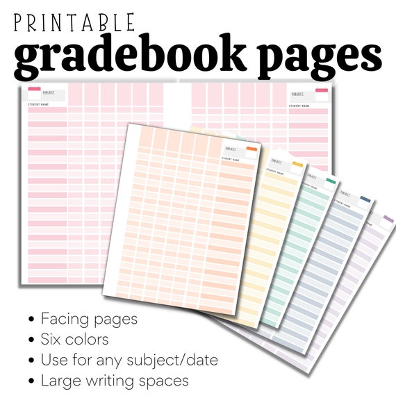 Printable Gradebook Pages Single or Double Sided to Lay Flat in Binder for  All Subjects, Classes, Grading Periods Tracker & Organizer 