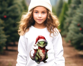 Kids Christmas Dragon Sweatshirt, Santa Hat Dragon, Youth Crewneck