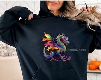 Colorful Dragon Hooded Sweatshirt, Colorful Psychedelic Dragon Lover Shirt, Matching Dragon Unisex Heavy Blend Hooded Sweatshirt