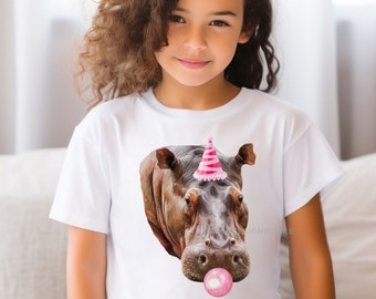 Kids Birthday Hippo Shirt, Hippo Bubblegum, Happy Birthday Outfit, Safari or Petting Zoo Birthday Party, Birthday Girl, Hippo Party