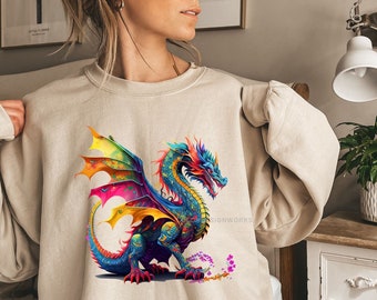 Colorful Dragon Sweatshirt, Psychedelic Dragon Lover Gift