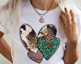 Western Hearts Shirt, Cowgirl Southwest Country T shirt Cowhide Leopard Turquoise Desert T-Shirt Unisex Jersey Short Sleeve Tee