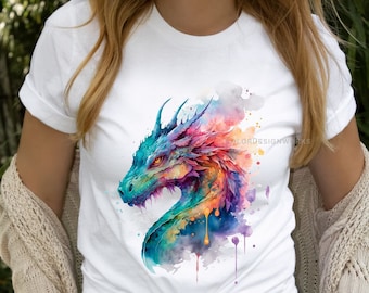 Watercolor Colorful Dragon Shirt, Dragon Lover Gift, Mythical Fantasy Shirts, Dragon Gift For Her, Gift For HIm, Unisex  Short Sleeve Tee