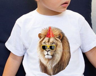 Kids Birthday Lion Shirt, Party Hat, Sunglasses, Safari Tee