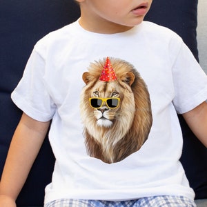 Birthday Lion Shirt, Birthday Party Outfit, Zoo Safari Party Shirt, Lion with Shades and Party Hat, Party Favor T-Shirts, Wild Birthday Tee