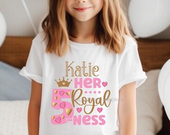 Personalized 5th Birthday Youth Shirt, Her Royal 5 Ness Shirt, Kid's Name Birthday Shirt, Birthday Girl, Princess Shirt, Crown Hearts Tee