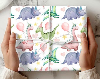 Girl Dinosaur Wrapping Paper, Cute Dino Gift Wrap for Girls, Baby Shower Wrapping, Birthday Gift Wrap, Kids Party Supplies, Pink Dinosaur