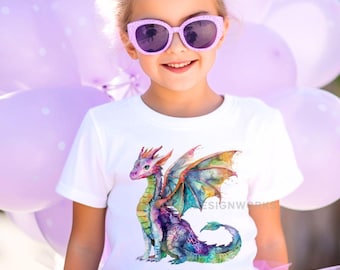 Kids Dragon Tee, Watercolor Dragon T-Shirt, Birthday Shirt, Dragon Lover Gift, Gift for Girls, Short Sleeve Shirt, Kids Tee, Birthday Outfit