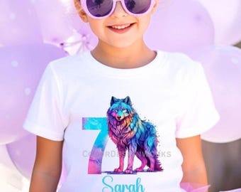 Colorful Wolf Number 7 Birthday Kids Tee | Kids Personalized Name and Number T-Shirt