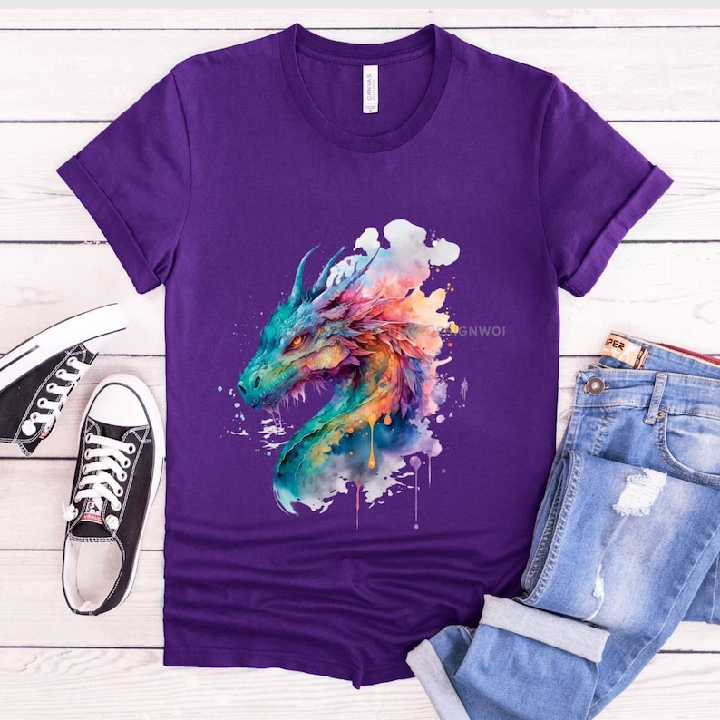 Watercolor Colorful Dragon Shirt, Dragon Lover Gift, Mythical Fantasy Shirts, Dragon Gift For Her, Gift For HIm, Unisex Short Sleeve Tee image 7