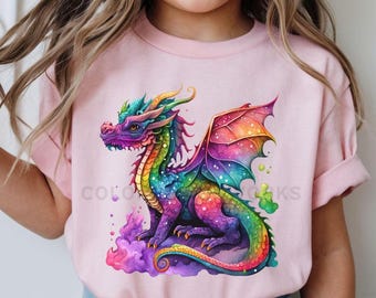 Rainbow Watercolor Dragon Youth and Toddler Tee | Colorful Fantasy Creature Long Sleeve Shirt