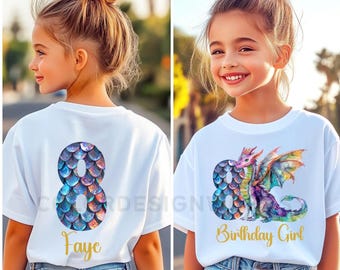 Dragon 8th Birthday Girl Tee Youth Short Sleeve Tee | Dragon Scales Front and Back Number