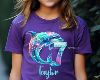 Personalized Dolphin Youth Tee, Custom Name Ocean Theme Shirt, Girls Birthday Gift, Short Sleeve Dolphin T-Shirt for Kids, Birthday Party