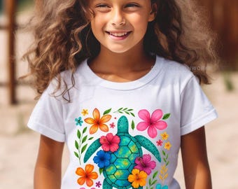 Colorful Sea Turtle, Save The Turtles Sea Turtle Kids Summer Tee, Hawaiian Vacation Shirt, Floral Turtle Shirt, Marine Outfit