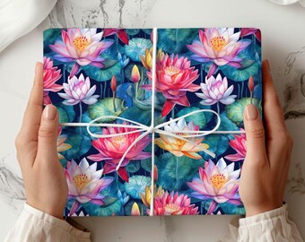 Water Lily Floral Wrapping Paper, Monet Inspired, Mother's Day, Birthday Party Supplies, Gardener Gift for Mom, Watercolor Gift Wrap Roll