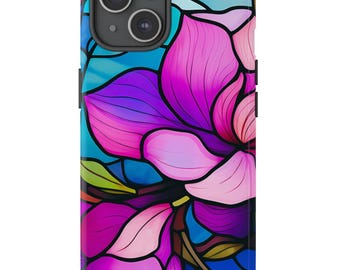 Stained Glass Flowers Phone Case, Tough Cases, iPhone 15 Phone Cases, iPhone 11, 12, 13, 14 Cases, Floral Gifts for Her, Purple Floral Cases