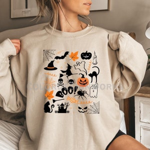 Halloween Collage Sweatshirt, Halloween Doodles, Witches Ghost Bats Halloween Shirt, Unisex Crewneck Sweatshirt