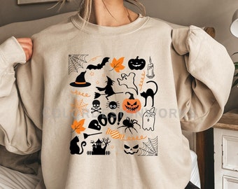 Halloween Collage Sweatshirt, Halloween Doodles, Witches Ghost Bats Halloween Shirt, Unisex Crewneck Sweatshirt