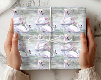Wrapping Paper Roll, Swan Wedding Wrap, Bridal Shower Gift Wrap, Watercolor Swans, Anniversary Gift Wrap, 3 Sizes Available