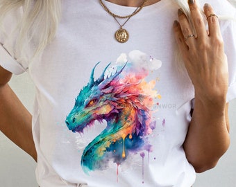 Dragon Shirt, Watercolor Colorful T-Shirt, Fantasy Dragon Graphic T-shirt, Dragon Lover Gift For Her, Unisex Plus Sizes, Gift For Him