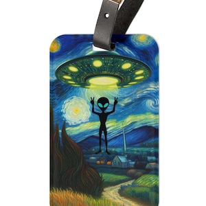 Alien Luggage Tag, UFO Travel Tag, Night Sky Travel Bag Accessory, Extraterrestrial Suitcase Tag, Space Theme Bag, Alien Gift, Luggage Label