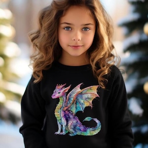 Colorful Watercolor Dragon Kids Youth Crewneck Sweatshirt, Children&#39;s Jumper, Vibrant Child&#39;s Clothing, Dragon Lover Gift, Rainbow Youth