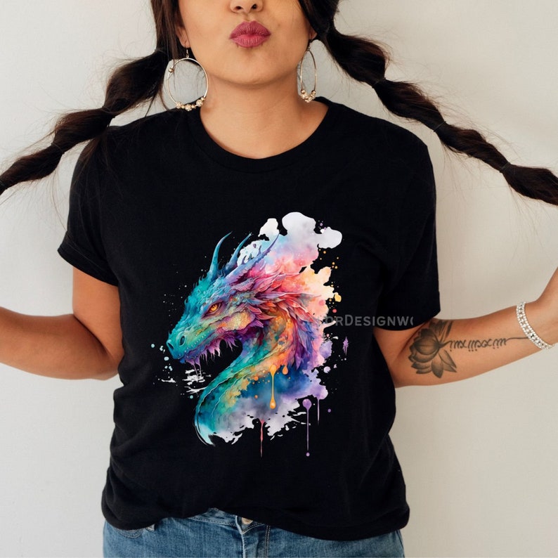 Watercolor Colorful Dragon Shirt, Dragon Lover Gift, Mythical Fantasy Shirts, Dragon Gift For Her, Gift For HIm, Unisex Short Sleeve Tee image 8