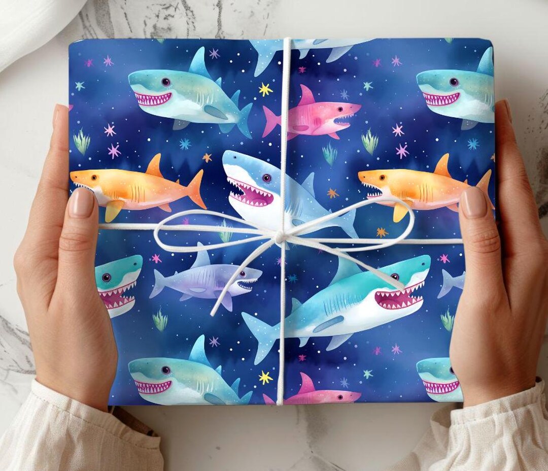 Shark Wrapping Paper Set, Shark Birthday Gift Wrap, Animal Wrapping ...