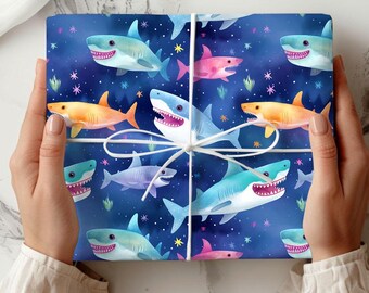 Shark Wrapping Paper Set, Shark Birthday Gift Wrap, Animal Wrapping Paper, Kids Gift Wrap, Ocean Shark Wrap, Sea Life Gift Wrap Set