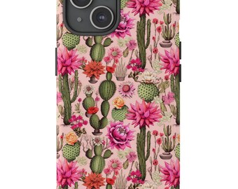 May include: A pink phone case with a floral pattern featuring cacti and flowers. The case has a black border and a cutout for the camera lens.