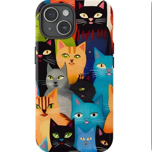 May include: A colorful phone case with a pattern of cats in various colors and poses. The case has a cutout for the camera lens.