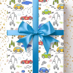 Vehicle Wrapping Paper - Cars & Trucks Transportation Gift Wrap, Kids Birthday Party Decor, Boys Gift Packaging, Vehicle Lovers Boy Present
