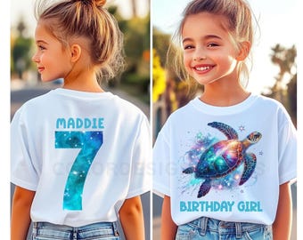 Galaxy Sea Turtle 7th Birthday Girl Tee, Personalized Name & Number
