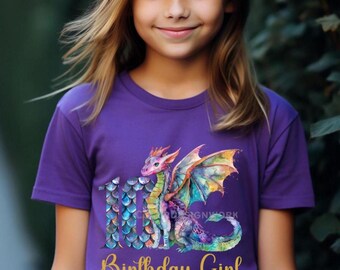 Birthday Girl Dragon Youth Tee | Colorful Watercolor Dragon Number 10, Kid's T-Shirt, Child Birthday Shirt, Dragon Theme Party, Cute Tee for