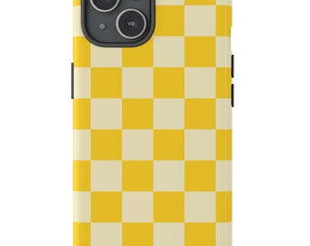 Yellow Checkerboard Phone Case, Tough Cases, iPhone 15 Pro Max, iPhone 11, iPhone 12, iPhone 13, iPhone 14, Samsung Galaxy, Yellow Checkered