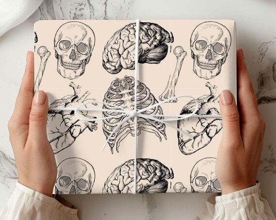 Wrapping Papers, Anatomy Wrapping Paper Vintage Skull Heart, Goth Medical Student Gift Wrap, Nurse Doctor Gift Wrap, Anatomical Heart Print,