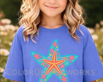 Colorful Starfish Kids Beach Tee, Comfort Colors® Nautical Summer T-Shirt