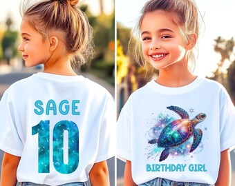 Personalized Galaxy Sea Turtle Birthday Girl Tee, 10th Birthday Front and Back Design
