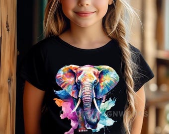 Watercolor Colorful Elephant Kids Tee, Nature Kid's Shirt, Zoo Birthday Party Shirt