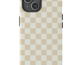 Muted Checkerboard Tan Phone Case, Tough Cases, Beige Natural Checkered Phone Cover For iPhone 15 Pro, iPhone 14 case, Samsung s23, s24 case