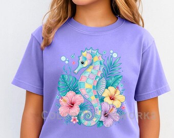 Pastel Seahorse Tropical Flowers Youth Midweight Tee | Hibiscus Beach Vibes
