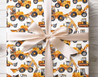 Construction Wrapping Papers, Construction Birthday Party Gift Wrap, Yellow Vehicles, Baby Shower, Watercolor Design, Gift Wrap for Boy