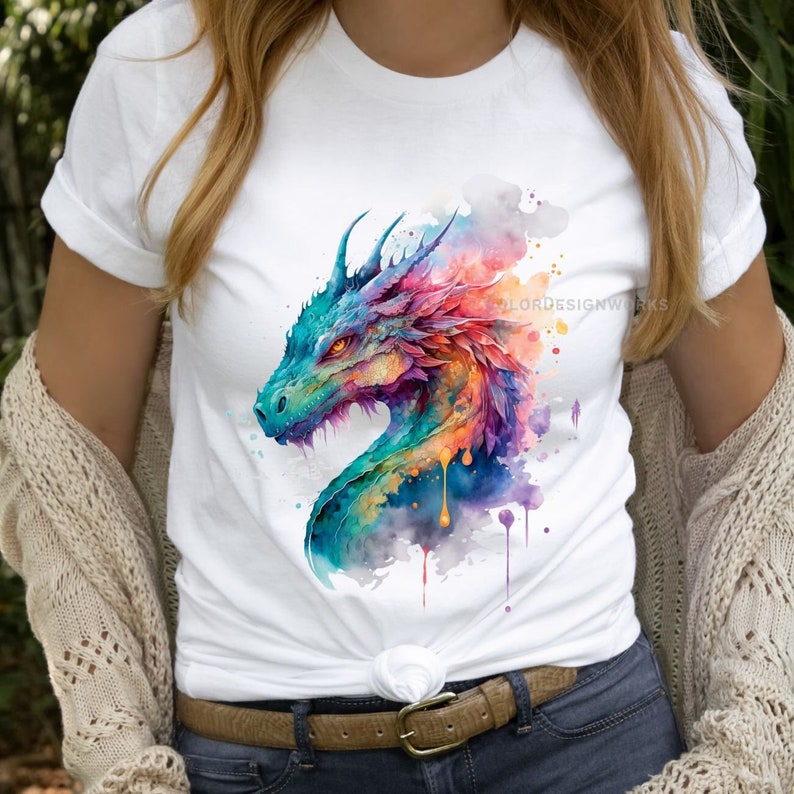 Watercolor Colorful Dragon Shirt, Dragon Lover Gift, Mythical Fantasy Shirts, Dragon Gift For Her, Gift For HIm, Unisex Short Sleeve Tee image 1